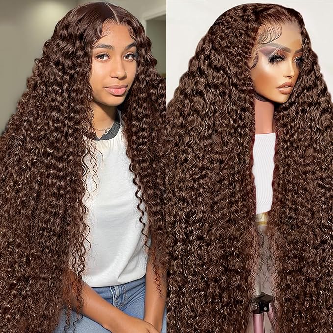 13x6 Lace Front Wigs Human Hair 200 Density Chocolate Brown Deep Wave HD Lace Front Wigs Human Hair Pre Plucked Brown Curly Wig Human Glueless Wigs for Women (24 Inch)