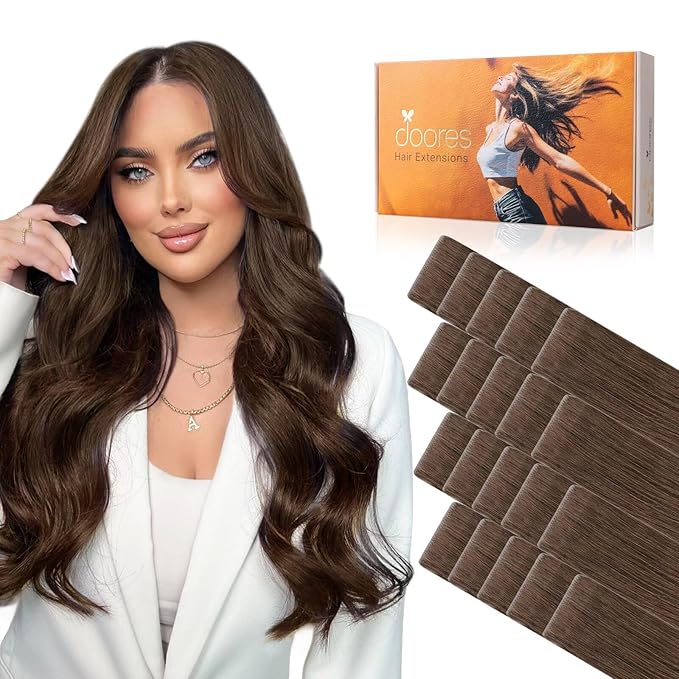 DOORES Invisi Edge Human Hair Extensions Tape in, Chocolate Brown 10 Injection Tape-ins with 10 Injection Tape-ins 50g 24 Inch, Injected Tape in Extensions Virgin Human Hair