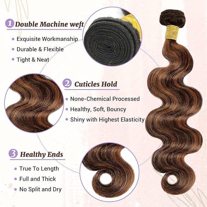 P1B/30 Human Hair Bundles Body Wave Highlight Brown Color Body Wave Bundle 100% Real Human Hair And True To Length 14 16 18 Inch 3 Pcs/Pack