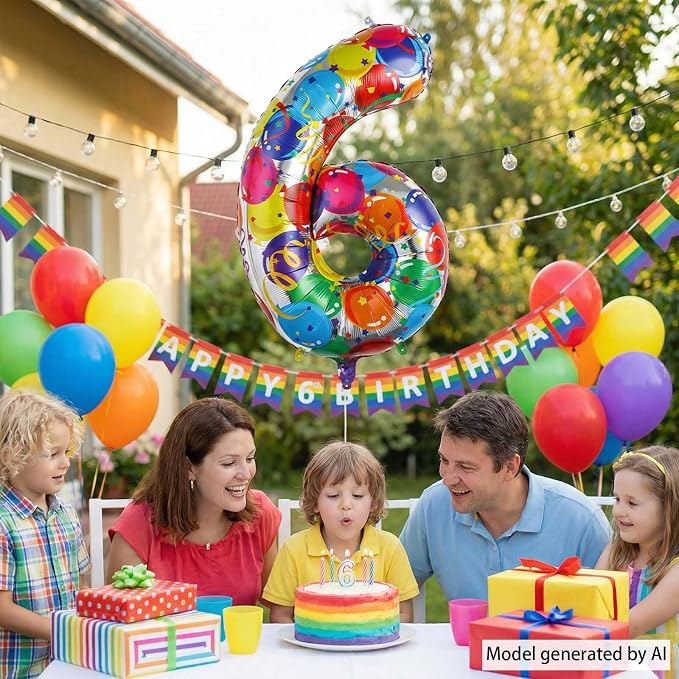 40 Inch Rainbow Number 6 Balloon, Large Colorful Foil Mylar Number 6 Helium - Image 6
