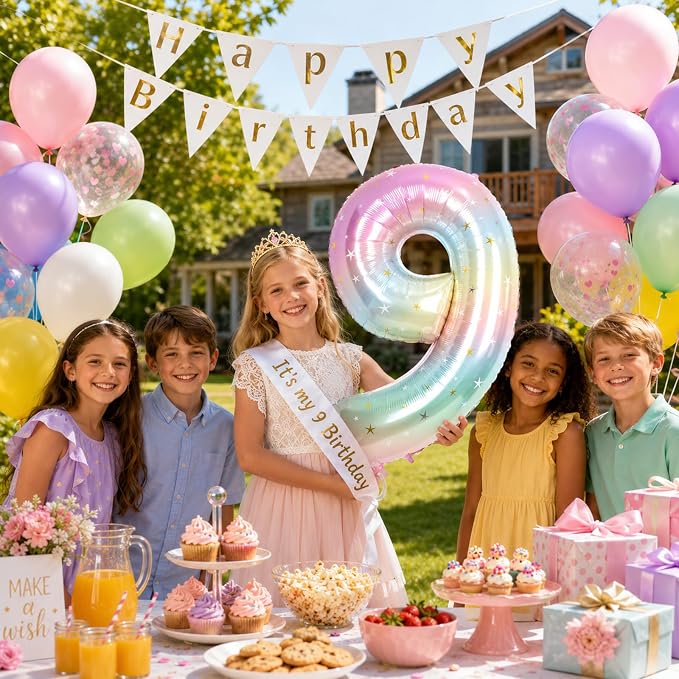 Big Number 9 Balloons, Rainbow Colorful Stars Foil 9 Balloon Numbers 40 Inch - Image 5