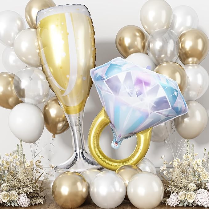 White Gold Balloons with 37inch Foil Diamond Ring Champagne Glass Balloons by Togvu