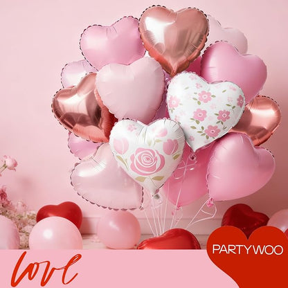 PartyWoo Pink White Rose White Gold Heart Foil Balloons 15pcs 18 Inch | Balloons - Image 4