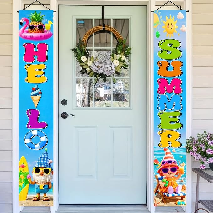 BlissYard 2pcs Welcome Summer Door Banner Hawaiian Gnome Porch Banners Sign - Image 2