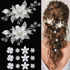 14 Pcs Flower Girl Hair Accessory Bridal Hair Clips Handmade Silver Leaf Floral Pearls Crystal Design with Mini Flower Hair Accessories for Girls & Women (white)