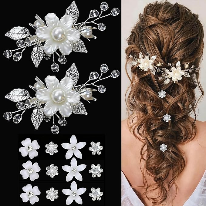 14 Pcs Flower Girl Hair Accessory Bridal Hair Clips Handmade Silver Leaf Floral Pearls Crystal Design with Mini Flower Hair Accessories for Girls & Women (white)