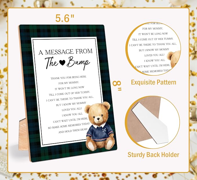 Vintage Bear A Message From the Bump Baby Shower Signs, Tartan Plaid Wooden - Image 2
