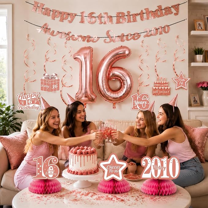 16th Birthday Decorations For Girls, Pre-Strung Rose Gold Happy 16th Birthday & - Image 5