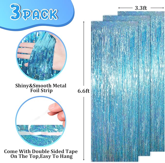 Voircoloria Light Blue Foil Fringe Backdrop Curtains, Birthday Party Decorations - Image 3