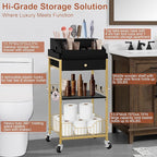 Large Makeup Organizer Cart with Hair Tool Holder, Rolling Makeup Cart with Drawer, 2-in-1 Vanity Organizer Cosmetic Display Cases for Skin Care Perfume Nail Polish Brush Tools, Gold & Black