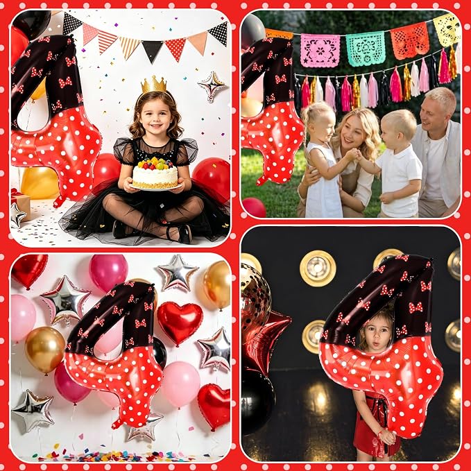 40 Inch Red Cartoon Mouse Number 4 Balloon, Birthday Party Decorations | Black - Image 7