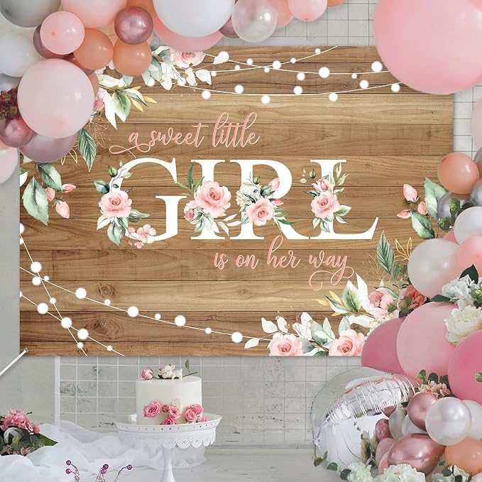 7x5 ft Rustic Wood Baby Shower Backdrop A Sweet Little Girl is on Her Way Baby - Image 3
