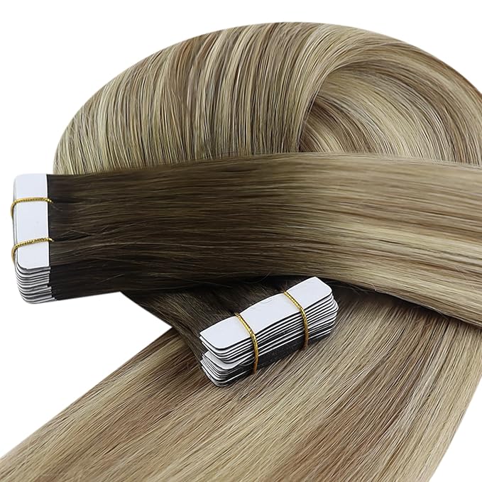 YoungSee Human Hair Tape in Extensions Brown Balayage Tape in Hair Extensions Real Human Hair Brown Ombre Blonde with Medium Brown Tapes Human Hair Extension Silky Straight 20 Inch 20pcs 50g