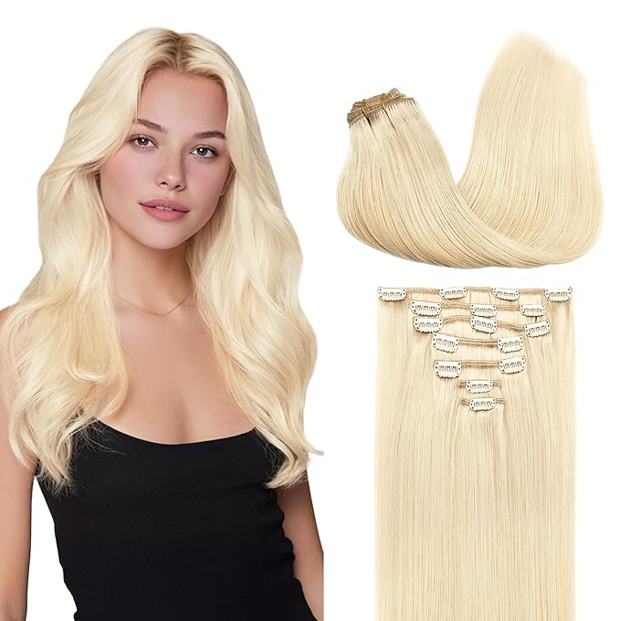 GOO GOO Clip in Hair Extensions Real Human Hair, Remy Human Hair Extensions Clip ins for Women, Natural Human Hair, 20inch 120g 7Pcs, 613R Bleach Blonde