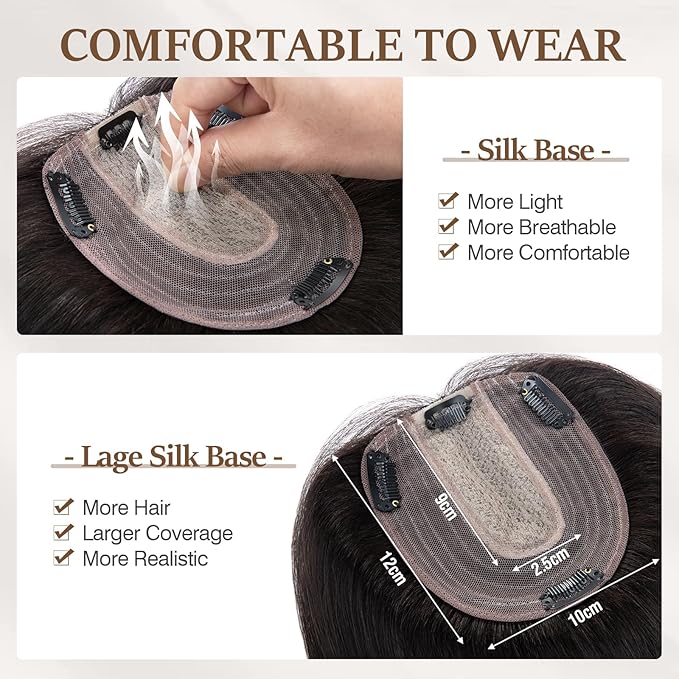 Rich Choices Hair Toppers for Women Real Human Hair 100% Human Remy Toppers NO Bangs for Women with Thinning on Top Clip in Hairpiece 4"x4.7"Lace Base 12 Inch #1B Natural Black