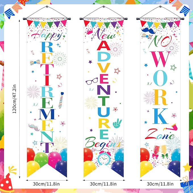 3Pcs Retirement Porch Sign Door Hanging Banner Colorful White Happy Retirement - Image 2