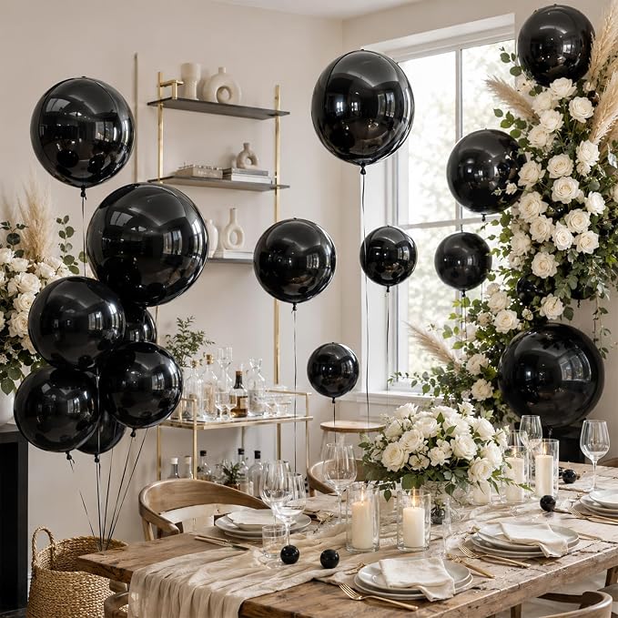 15 Pcs Black Round Foil Balloons, 22/15/10 Inch 4D Ball Balloons Black Ball - Image 6