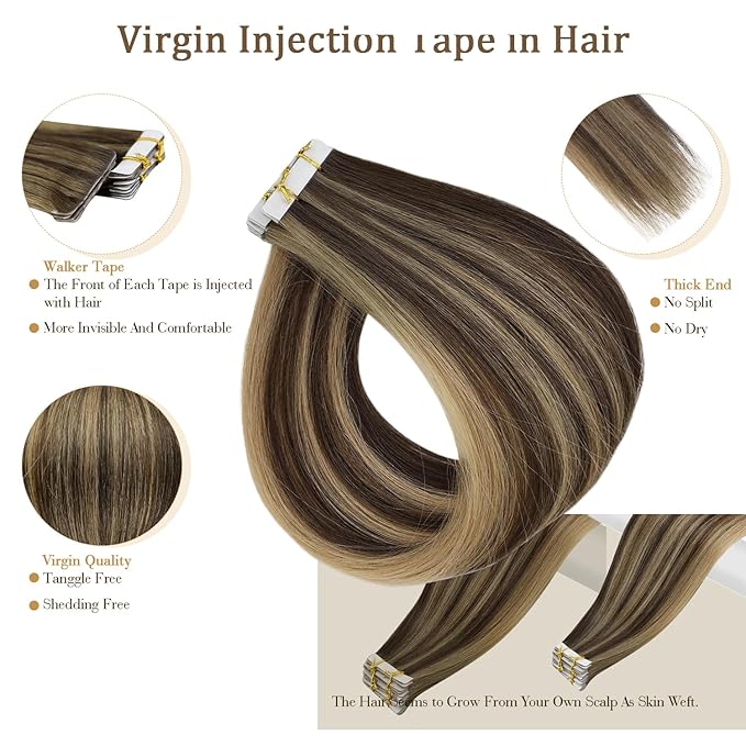 Full Shine Remy Virgin Injection Tape in Hair Extensions Real Human Hair Color BM Balayage Tape in Extensions 16 Inch Seamless Tapes in Human Hair Invisible Tapes Extensions 5Pcs 10G