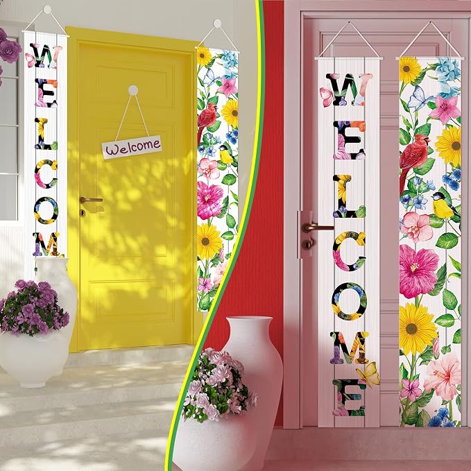 Frienda 2 Pcs Spring Welcome Floral Porch Banners 72"x12" Summer Flower Hanging - Image 5