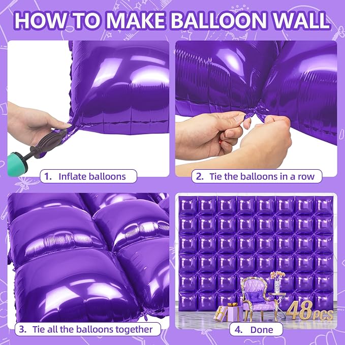 NISOCY 48PCS Metallic Purple Square Foil Balloons Wall Backdrop | Double Sided - Image 4