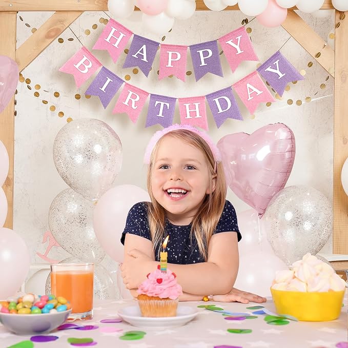 Pre-Strung Pink and Purple Happy Birthday Banner, No DIY Burlap Banner - Image 3