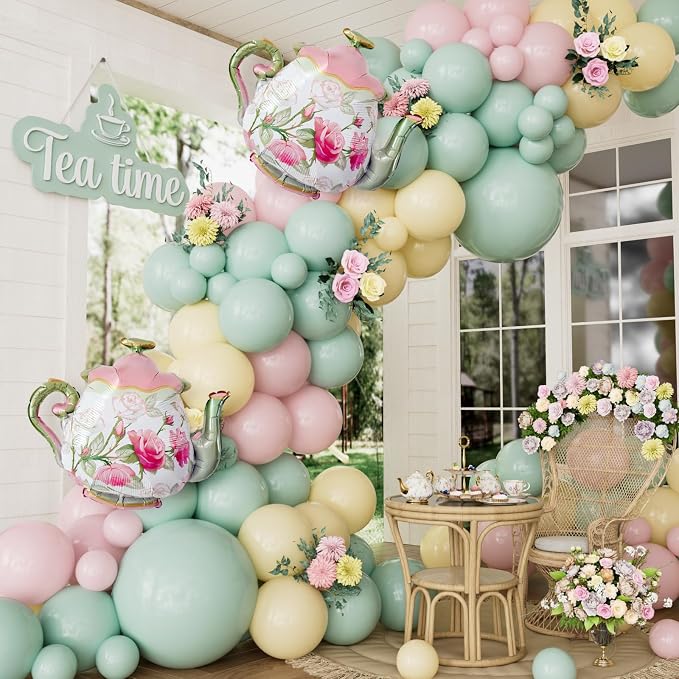 Tea Party Balloon Garland Arch Kit, Girls Birthday Decor | Pastel Pink Green by Haolongfa