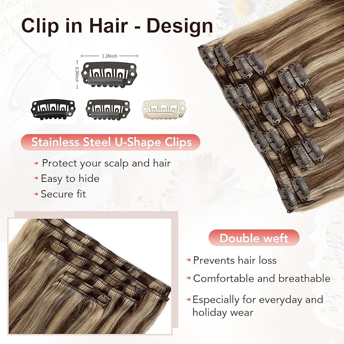 XDhair Clip In Hair Extensions Remy Human Hair 120g 20 Inch Medium Brown #4 Mixed to Caramel Blonde #27 Clip In Real Hair Silk Stright 6Pcs (#4P27,20Inch)