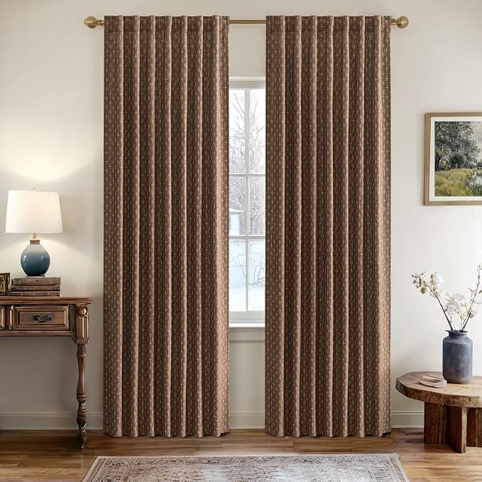 MIULEE Patterned Farmhouse Linen Curtains, Back Tab, Dark Coffee | Linen - Image 2