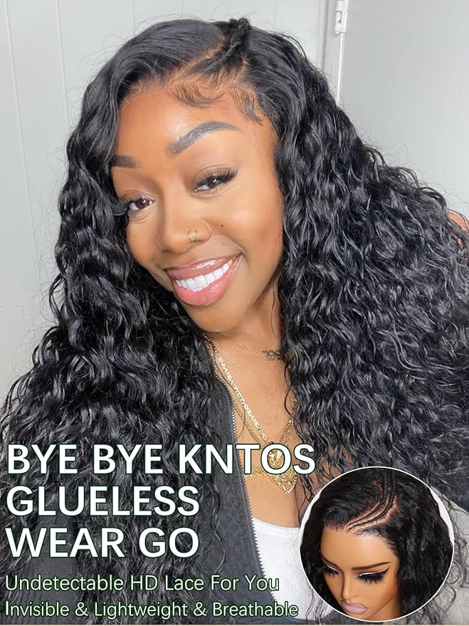 KLAIYI Pre Everything 13x4 Glueless Lace Front Wig Human Hair Water Wave Bye Bye Knots Put On and Go Wig Pre Cut Lace Pre Bleached Pre Plucked 30S Easy To Wear Beginner Curly Wig with Baby Hair 26Inch