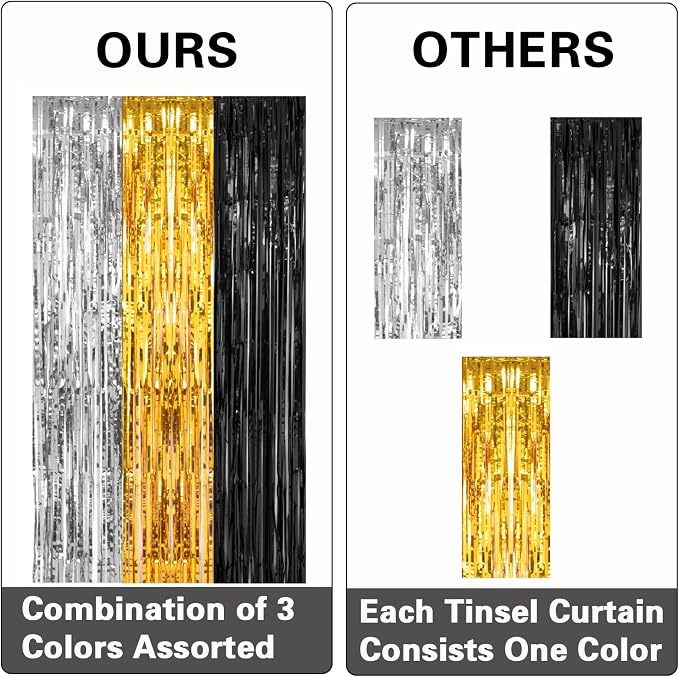 PIGETALE, 2 Pack 3.2x8.2 Feet Silver Black and Gold Tinsel Foil Fringe Curtains - Image 5