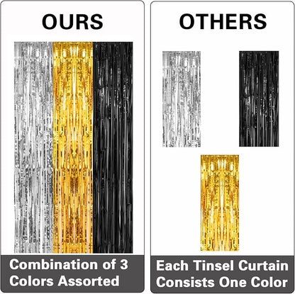 PIGETALE, 2 Pack 3.2x8.2 Feet Silver Black and Gold Tinsel Foil Fringe Curtains - Image 5