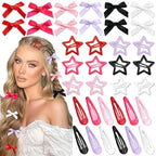 36Pcs Pink Mini Bow Hair Clips 6 Color Water Drop No Slip Hair Clips for Women White Star Snap Hair Barrettes Black Small Hair Bows Star Bowknot Hair Accessories for Girls