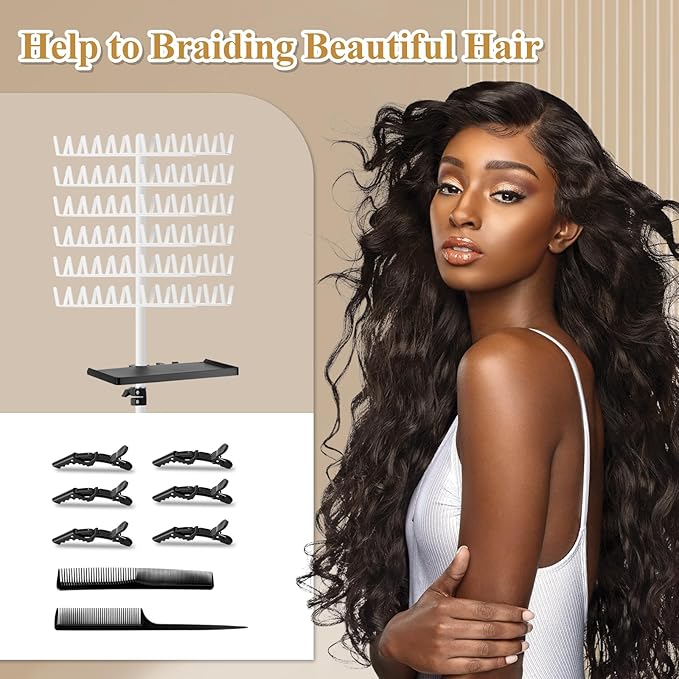 Braiding Rack with Tray, 144 Pegs Height Adjustable, 2-side Hair Extension Holder, Hair Stand with Stylist Hair Braiding Tools for Salon, Home, Travel (White)