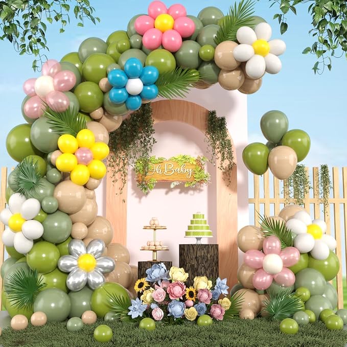 Daisy Flower Balloon Arch Kit, Spring Fairy Sage Green Nude Balloons Garland - Image 3