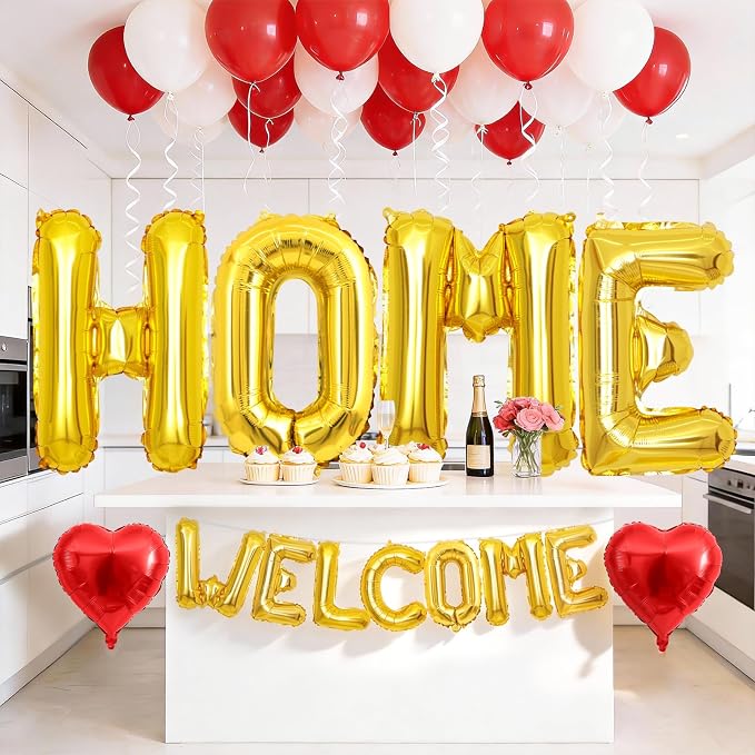 Welcome Home Balloons Red Gold, 40Inch HOME and 16Inch Welcome Foil Balloons - Image 4