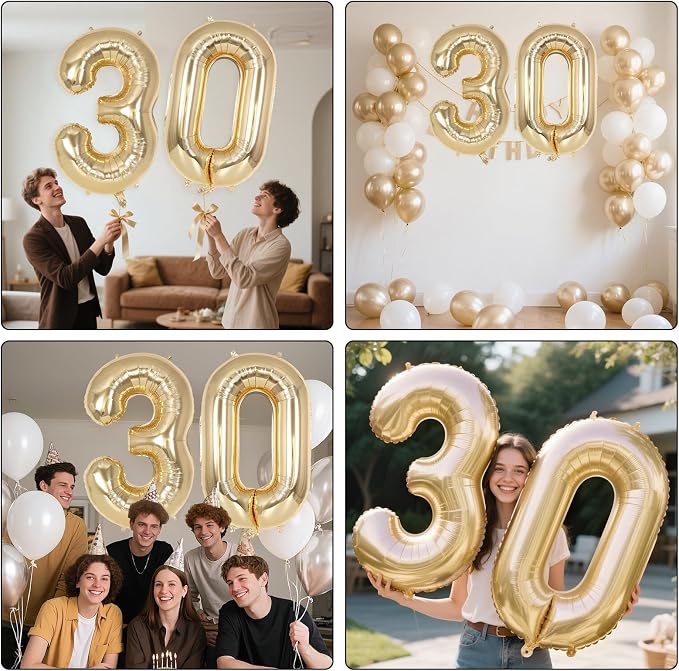 Champagne Gold Large Number 30 Balloon, 40 Inch Light Gold Foil Helium Number - Image 7