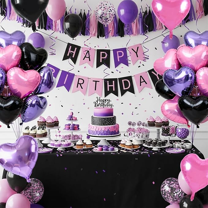 TONIFUL 15 Pcs 18 Inch Pink Black Purple Heart Shape Foil Mylar Balloons | - Image 6