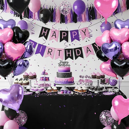 TONIFUL 15 Pcs 18 Inch Pink Black Purple Heart Shape Foil Mylar Balloons | - Image 6