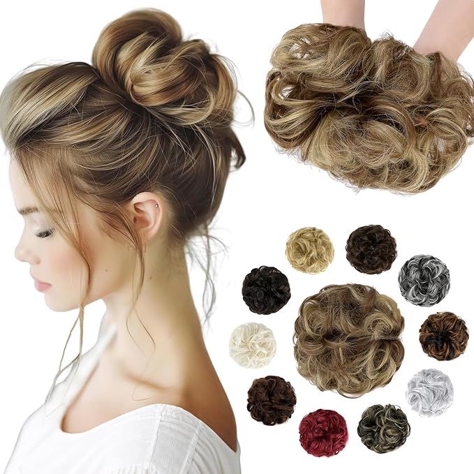 Messy Bun Hair Piece Wavy Curly Scrunchies Fluffy Donut Thick Updo Elegant Chignon Hairpieces for Women Girls, Light Brown Mix Ash Blonde 1.4oz