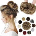 Messy Bun Hair Piece Wavy Curly Scrunchies Fluffy Donut Thick Updo Elegant Chignon Hairpieces for Women Girls, Light Brown Mix Ash Blonde 1.4oz