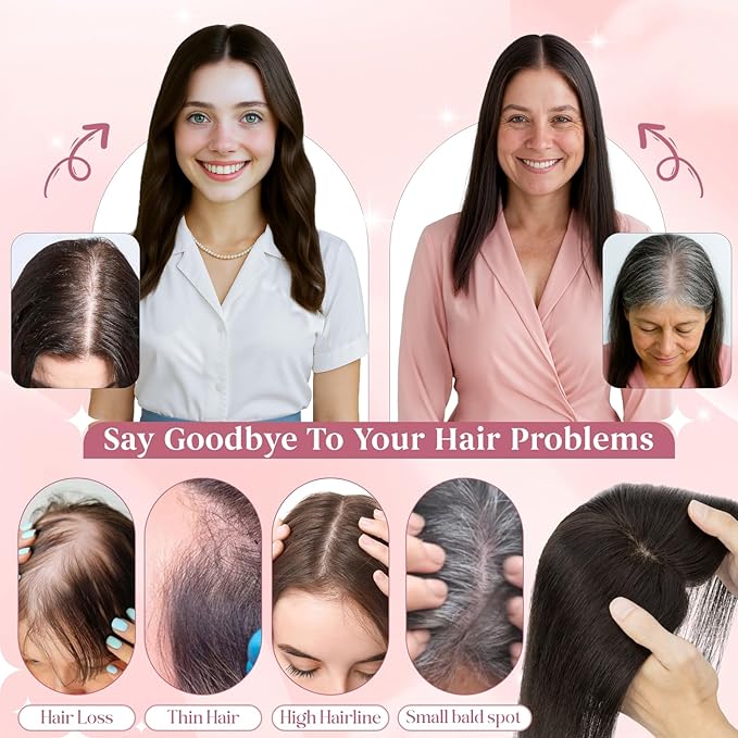 Real Human Hair Toppers for Women 3.54"*4.72" Silky Base 150% Density No Bangs Adjustable Parting Clip-In Topper Hairpieces for Women with Thinning Hair 14 Inches Dark Brown