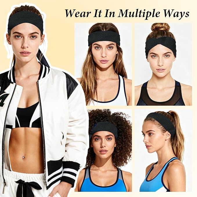 Black Headbands for Women Non-Slip Elastic Hair Bands, 6 Pack Stretchy Soft Cloth Sweat Bands, Fabric Workout Headband, Fashion Head Bands for Yoga Running Sports