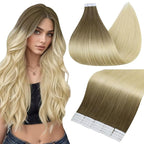 Full Shine Tape in Hair Extensions 18 Inch Color 3 and 8 Brown Fading to 613 Bleach Blonde Balayage Hair Extensions Real Human Hair Tape in for Women 50g Seamless Skin Weft Remy Hair 20PCS Add Volume