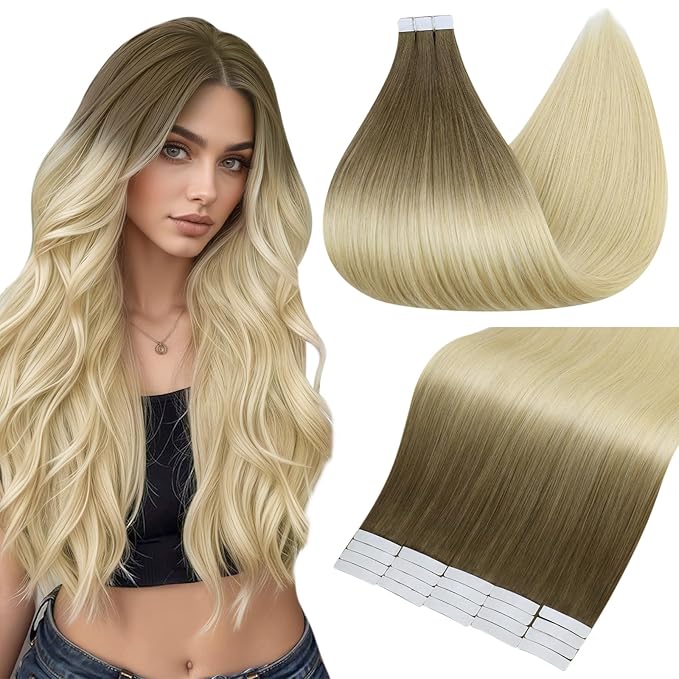 Full Shine Human Hair Extensions Tape in Color 3 and 8 Brown Fading to 613 Bleach Blonde Balayage 20PCS Seamless Skin Weft Tape in Extensions Human Hair 12 Inch Natural Extensions for Women 30g