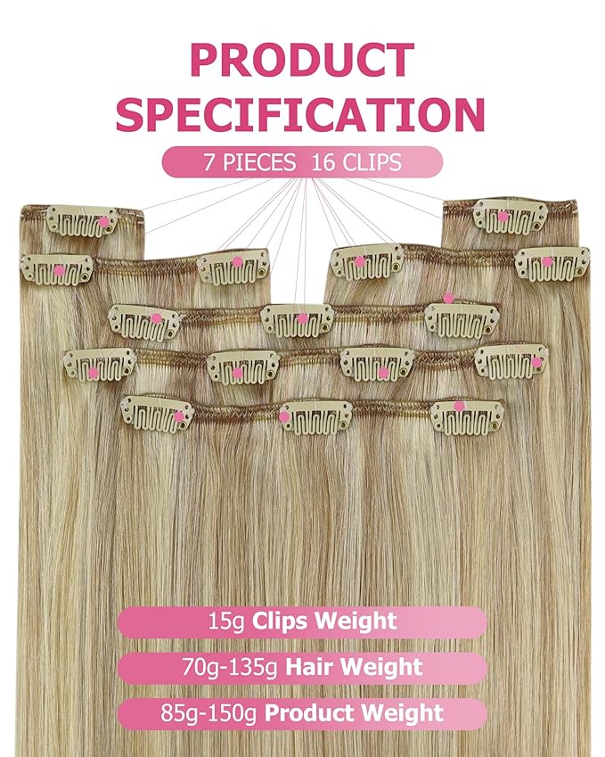 YoungSee Clip in Human Hair Extensions Blonde Clip on Hair Extension for Women Light Blonde Mixed Golden Blond Hair Extension Clip ins for Full Head 7Pcs 20In 120G