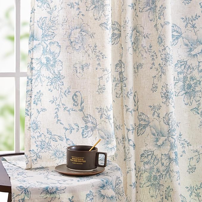 jinchan Blue Floral Linen Curtains 54 Inch Vintage Back Tab 2 Panels | Light by JINCHAN