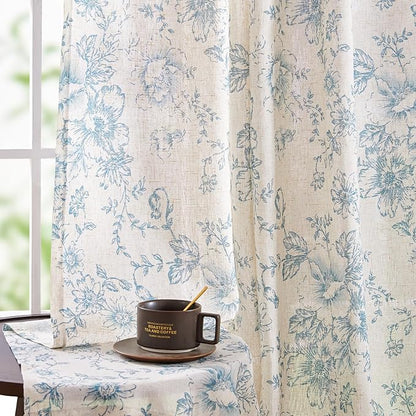 jinchan Blue Floral Linen Curtains 54 Inch Vintage Back Tab 2 Panels | Light by JINCHAN