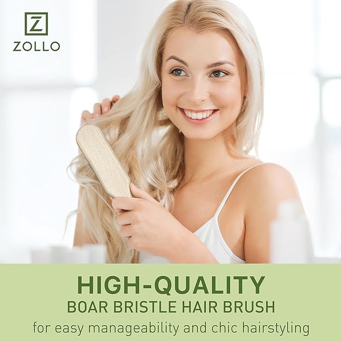 Natural Boar Bristle Hair Brush for Women, Men, Kids; Dry and Wet Detangling Hair Brush Gently Enhances Shine, Smooths Frizz and Prevents Breakage in Fine and Straight, Thick and Curly Hair (long)
