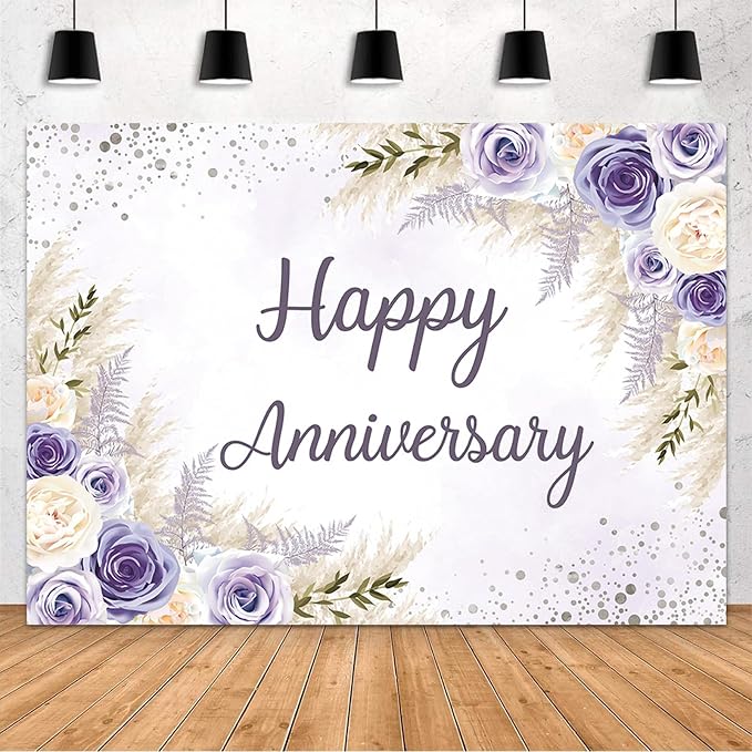 MEHOFOND Boho Happy Anniversary Backdrop Purple Floral Bohemia Pampas Grass by MEHOFOND