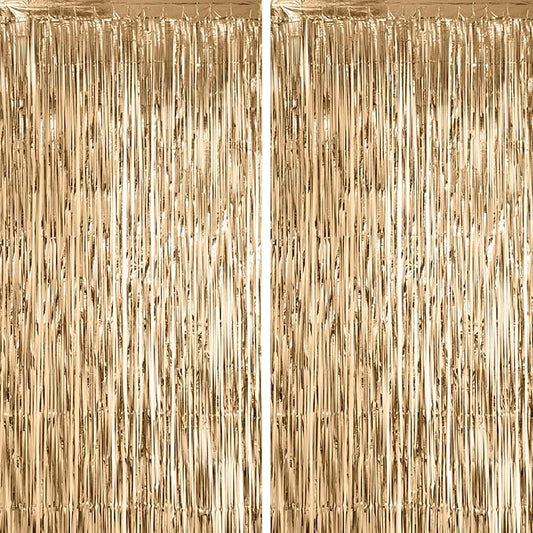 Voircoloria Champagne Foil Fringe Backdrop Curtains, 2 Pack | Tinsel Streamers by Voircoloria